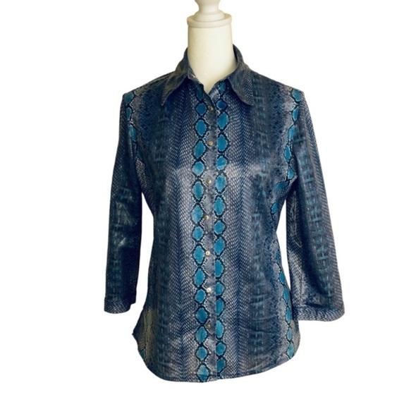 Vintage Y2K Vertigo Paris Snakeskin Reptile Print Button-down Snap Closure Blue - Picture 2 of 15